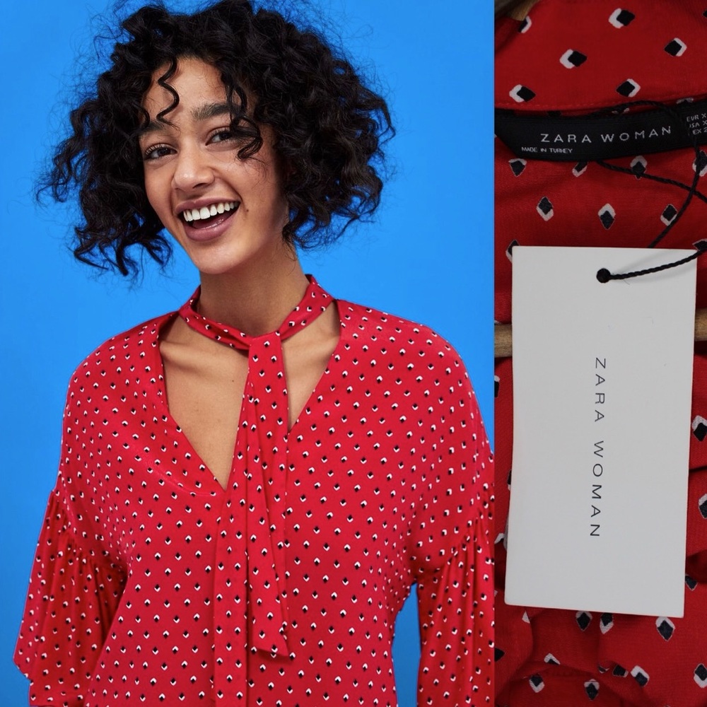 Zara NWT Bold Red Print Oversized Flutter Sleeve Blouse with Pussy Bow XS S